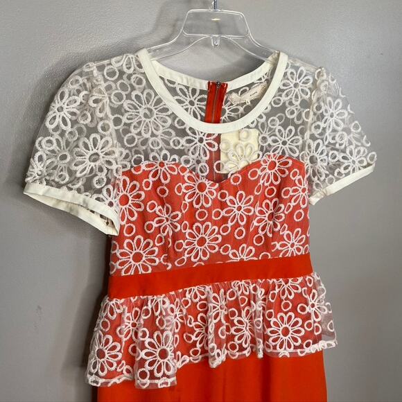 NWT Women's A'Reve Peplum Short Sleeve Lace Twee Dress Orange Size Large - Picture 2 of 11
